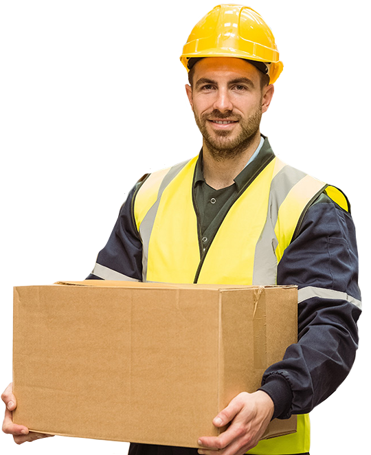 Warehouse courier holding a shipment box