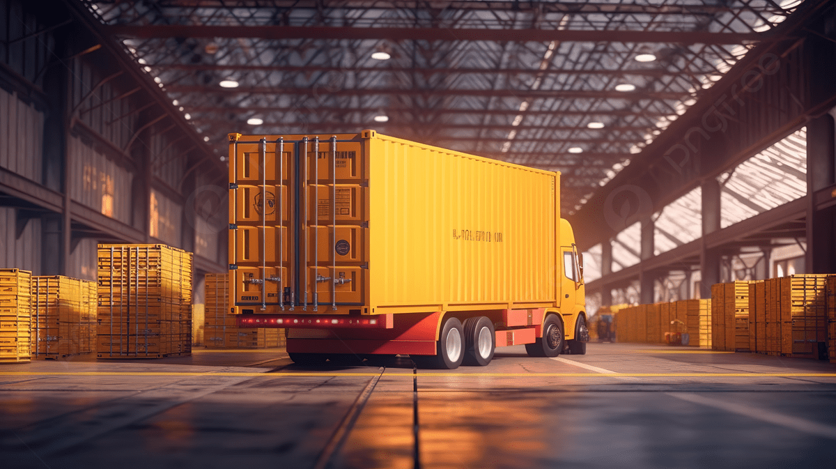 Yellow container truck inside a logistics warehouse